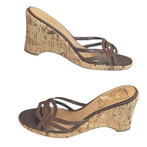 LOFT Cork Wedge Sandals Leather Strappy Open Toe Cage Mid Height 3 Inch Heel 6